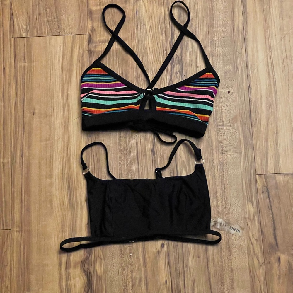 Colorful Striped Bikini Top and Black Bikini Top